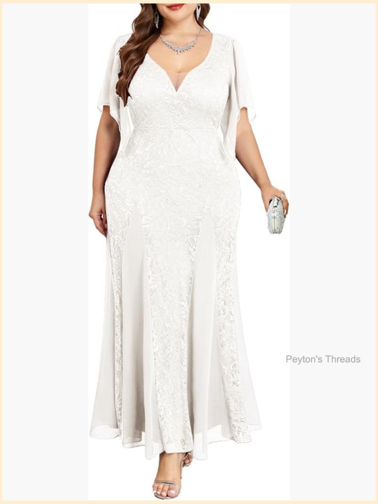 Plus Size Chiffon Lace Wedding Guest Maxi Dress With Handkerchief Sleeves